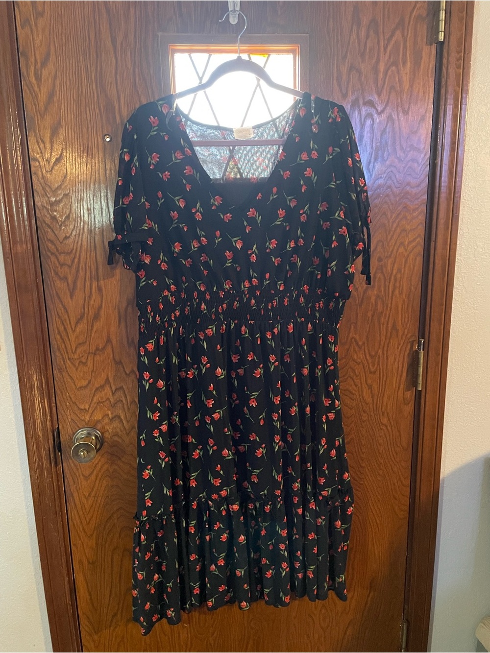 Siren Lily Black Midi Dress with Red Tulip Print